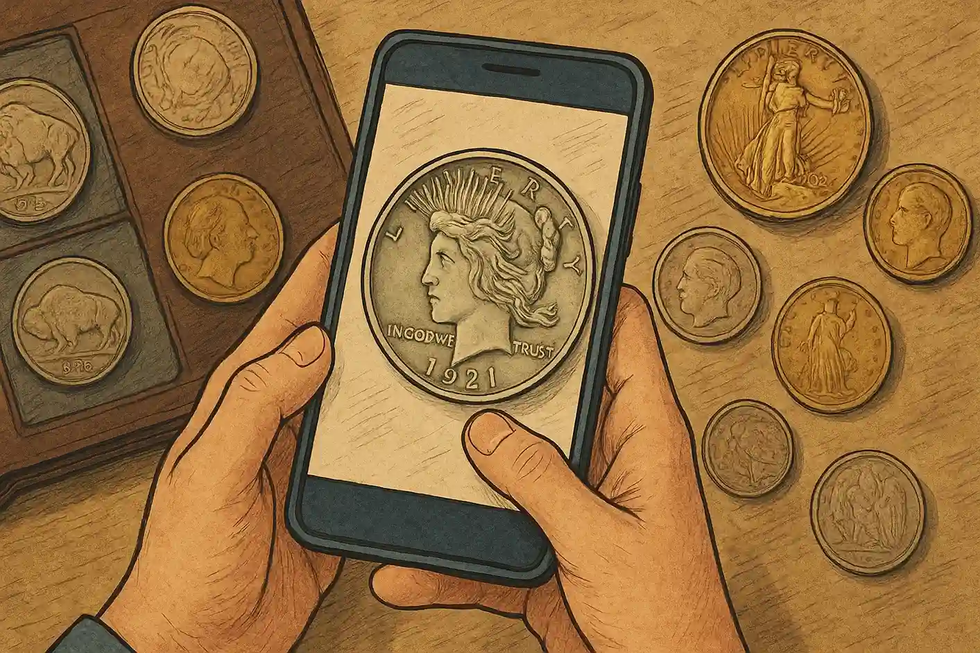 A collectionner is identifying a coin with the help of a smartphone app.