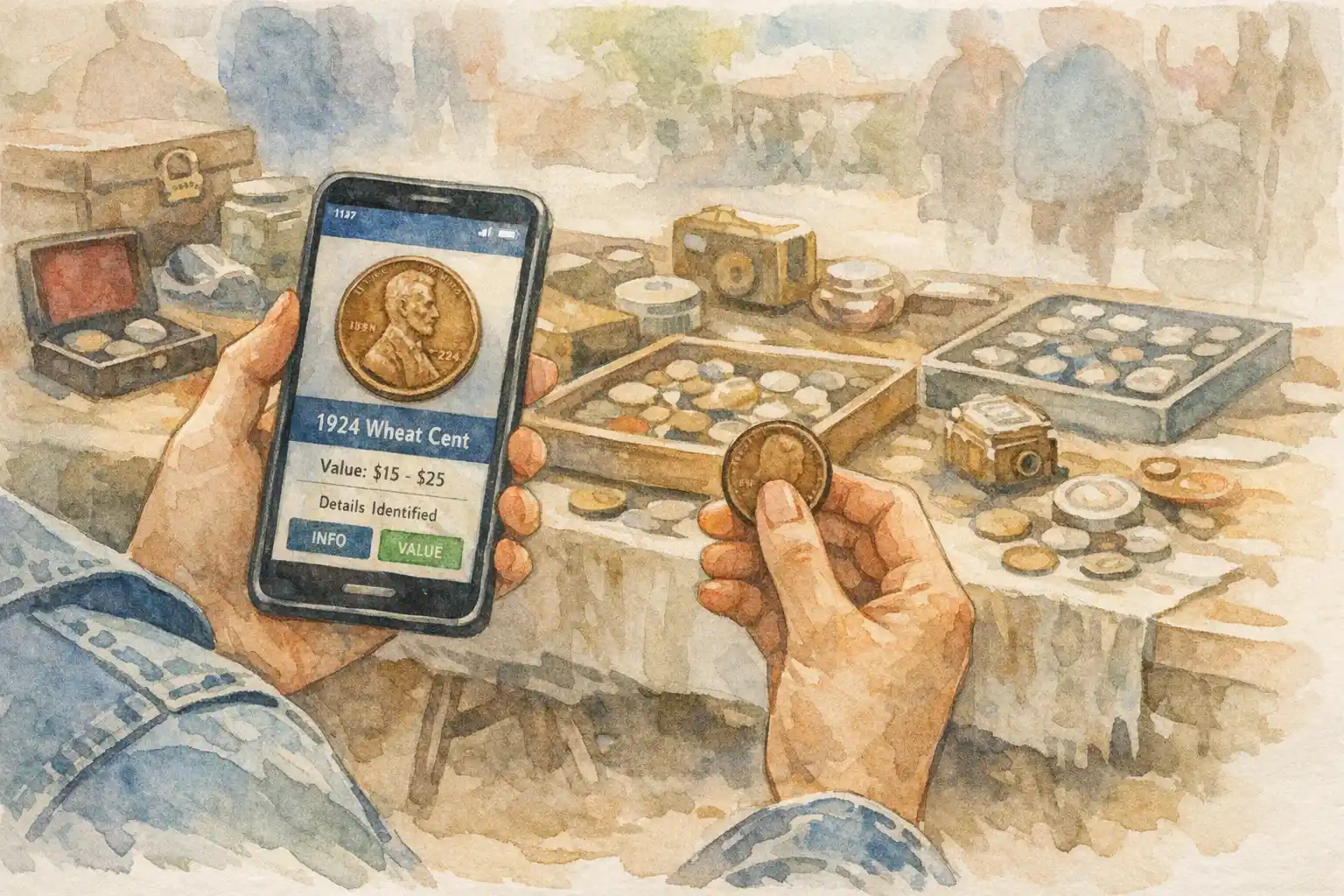 A buyer checks the coin’s value via the numismatic app in his smartphone.