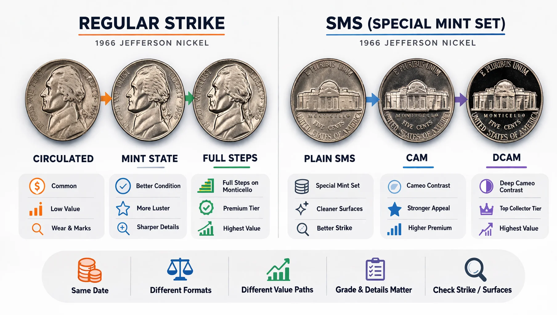 Infographic comparing 1966 Jefferson nickel regular strike value path and SMS cameo tiers.